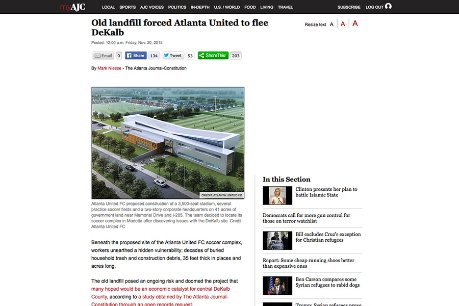 AJC screen shot: Old landfill forces Atlanta United to flee DeKalb