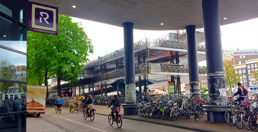 Multistory bicycle parking at a transit station in Amsterdam.