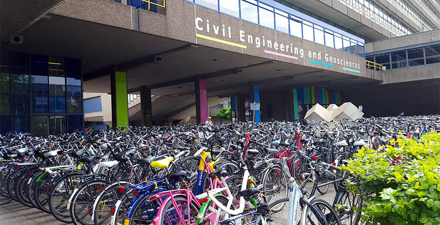 Bicycle parking outside the civil engineering and geosciences building at the Delft University of Technology.
