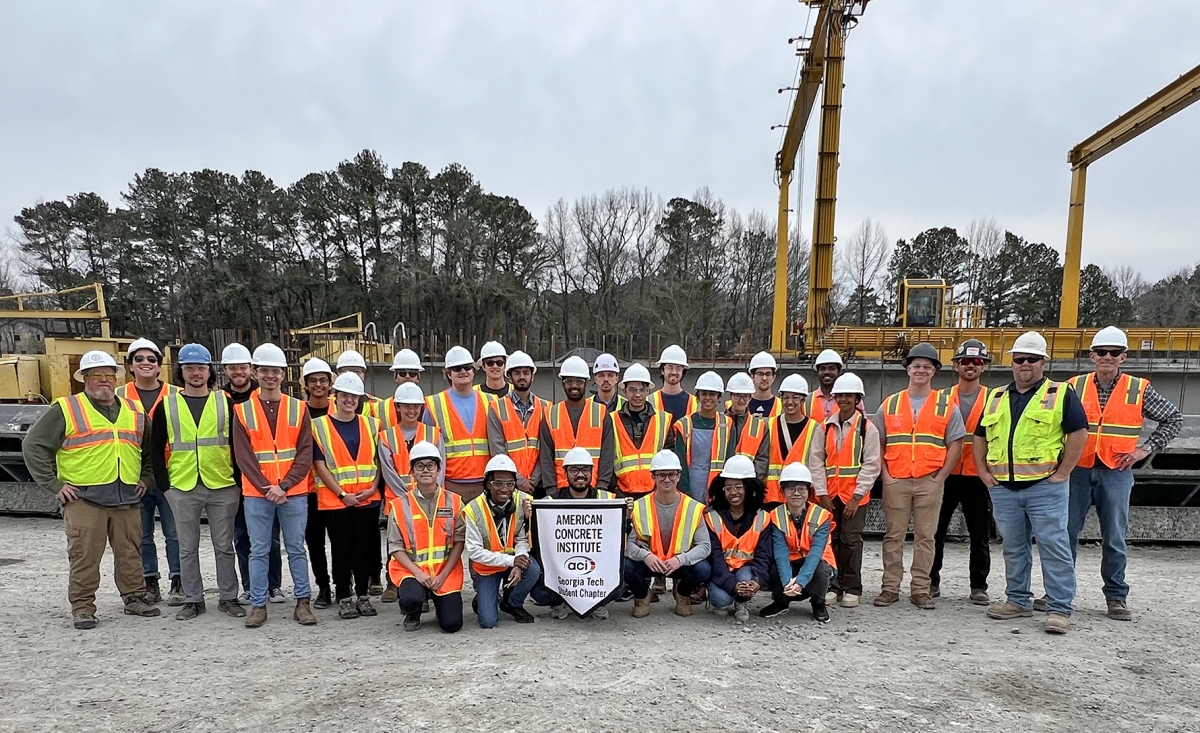Students from Georgia Tech ACI chapter pose in protective gear at Standard Concrete Products