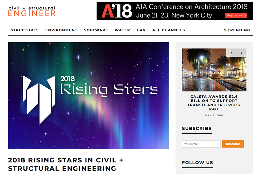 Screenshot of Civil + Structural Engineer magazine's 2018 Rising Stars web page.