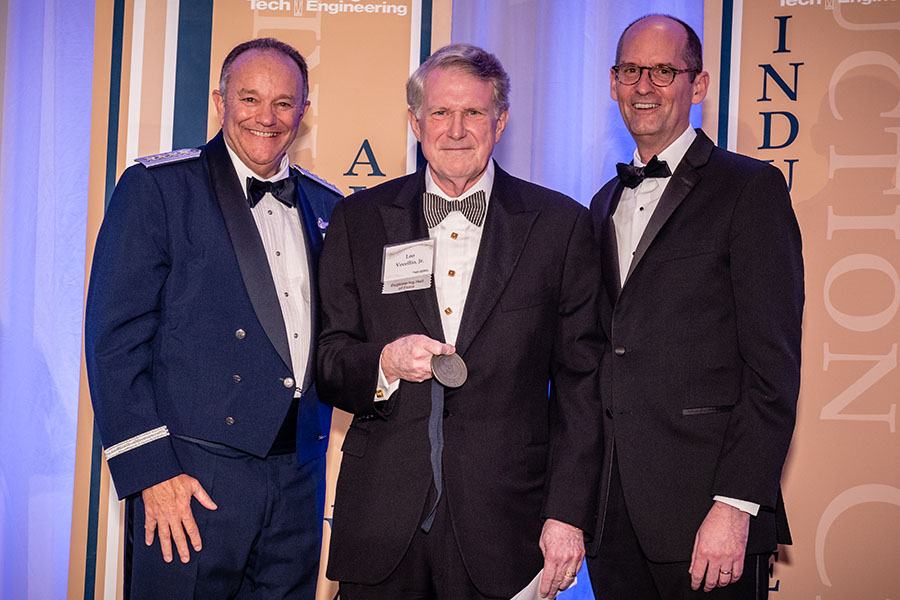 Alumnus Leo Vecellio, center, was inducted into the Georgia Tech College of Engineering Hall of Fame April 21. He's holding his Hall of Fame medallion alongside the ceremony's guest speaker, retired Gen. Philip Breedlove, and engineering Dean Steve McLaughlin. (Photo: Gary Meek)