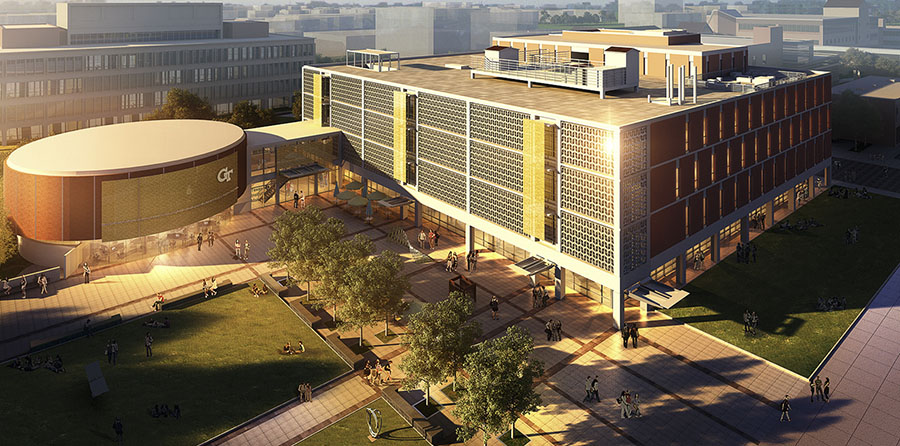 Rendering of the finished Texas Instruments Plaza outside the renovated Van Leer rotunda, which will house a new Interdisciplinary Design Commons. 
