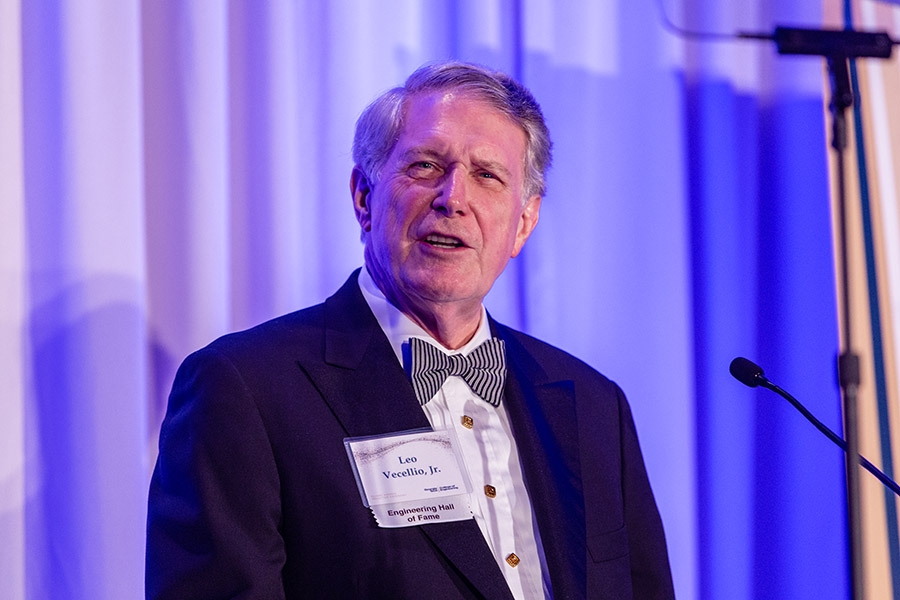 Alumnus Leo Vecellio speaks after his induction into the Georgia Tech College of Engineering Hall of Fame April 21. (Photo: Gary Meek)