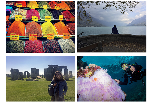 Four photos: Spices in Istanbul, Turkey; a silhouetted figure takes in the water and mountains in Interlaken, Switzerland; a young woman stands in front of Stonehenge in England; and a dive swims near colorful coral at the Great Barrier Reef.