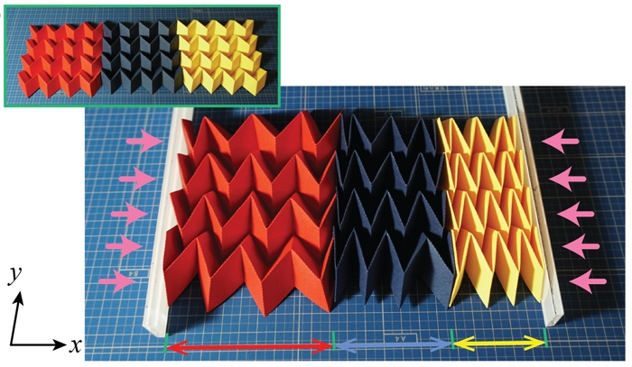 Red, navy blue and yellow paper folded into origami structures illustrate how the shapes change when pressure is applied. 