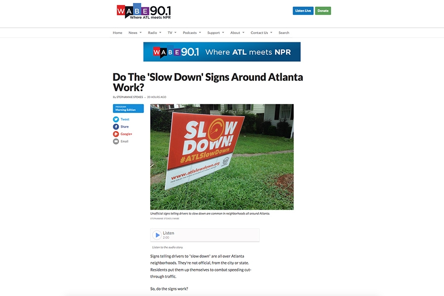 WABE webpage for story featuring Kari Watkins, 'Do the "slow down" signs around Atlanta work?'
