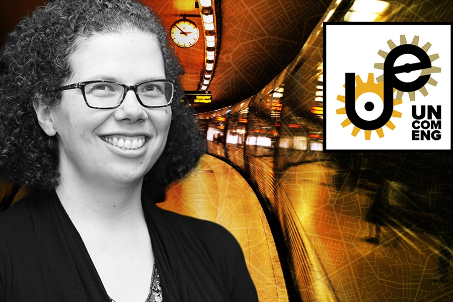 A black and white photo of Kari Watkins layered on top of a stylized image of a commuter train with the logo of the Uncommon Engineer podcast